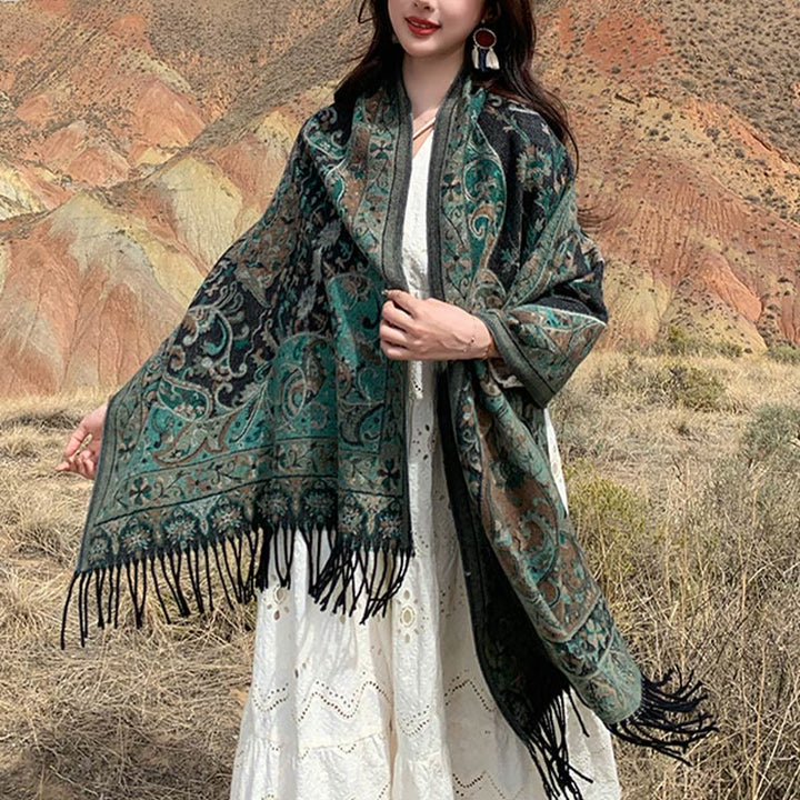 Chal de borlas con diseño de flores de anacardo tibetanas y Buddha Stones para otoño e invierno, bufanda suave