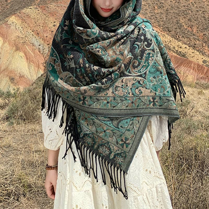 Chal de borlas con diseño de flores de anacardo tibetanas y Buddha Stones para otoño e invierno, bufanda suave