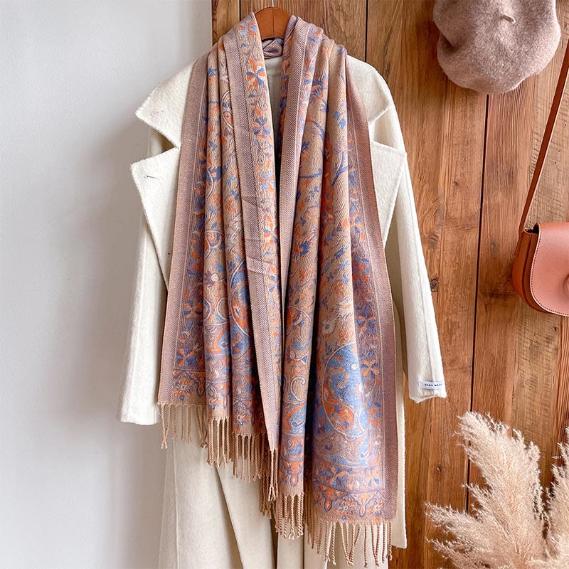 Chal de borlas con diseño de flores de anacardo tibetanas y Buddha Stones para otoño e invierno, bufanda suave