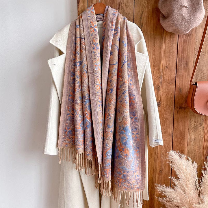 Chal de borlas con diseño de flores de anacardo tibetanas y Buddha Stones para otoño e invierno, bufanda suave