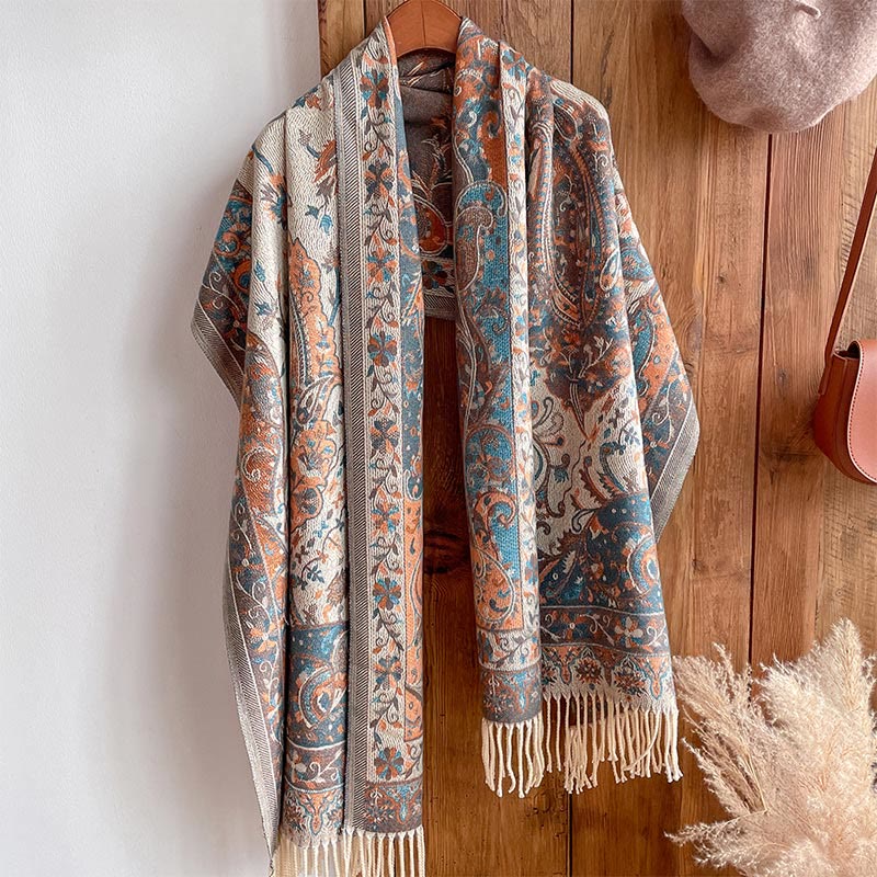 Chal de borlas con diseño de flores de anacardo tibetanas y Buddha Stones para otoño e invierno, bufanda suave