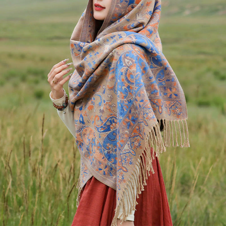Chal de borlas con diseño de flores de anacardo tibetanas y Buddha Stones para otoño e invierno, bufanda suave - image 20
