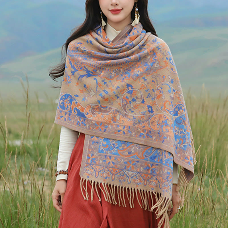 Chal de borlas con diseño de flores de anacardo tibetanas y Buddha Stones para otoño e invierno, bufanda suave - Caqui - 200*65 cm - image 19