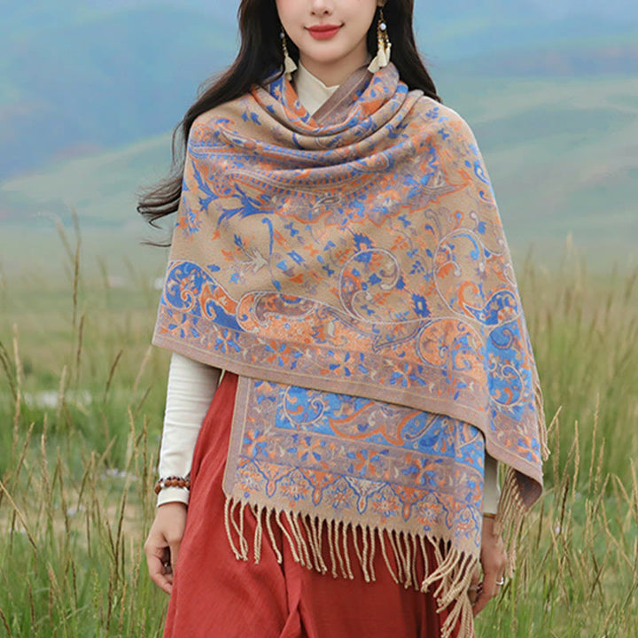 Chal de borlas con diseño de flores de anacardo tibetanas y Buddha Stones para otoño e invierno, bufanda suave - Caqui - 200*65 cm - image 19