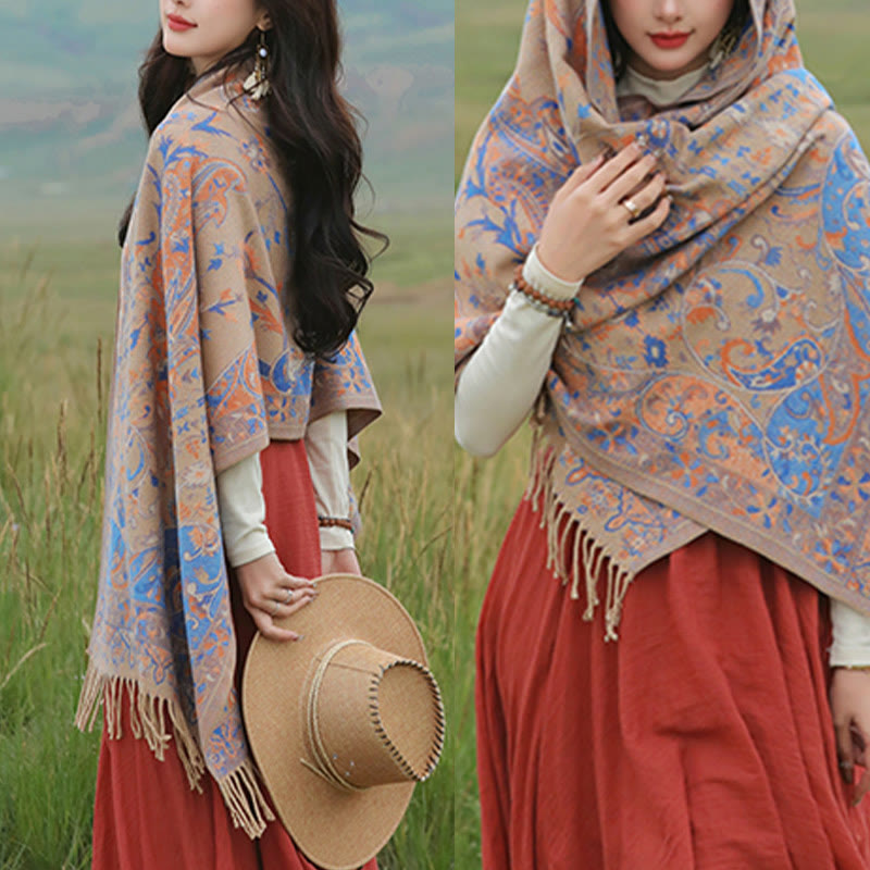 Chal de borlas con diseño de flores de anacardo tibetanas y Buddha Stones para otoño e invierno, bufanda suave
