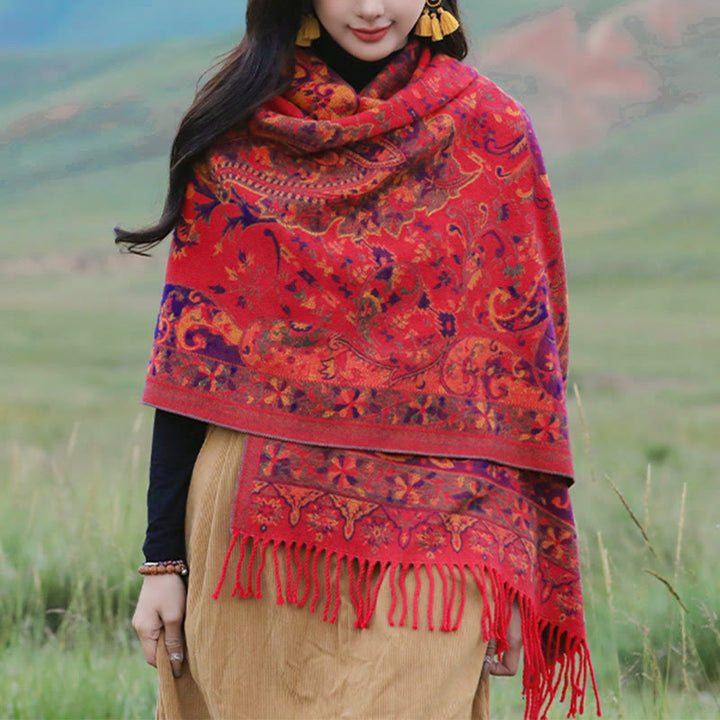 Chal de borlas con diseño de flores de anacardo tibetanas y Buddha Stones para otoño e invierno, bufanda suave - Rojo - 200*65 cm - image 13