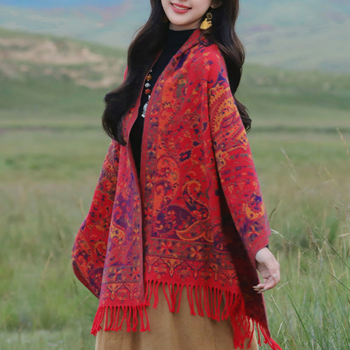 Chal de borlas con diseño de flores de anacardo tibetanas y Buddha Stones para otoño e invierno, bufanda suave