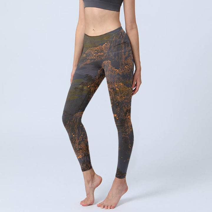 Leggings de yoga para mujer con estampado de nubes y montañas doradas y Buddha Stones - SaddleBrown - US18，UK/AU22，EU50 (4XL) - image 1