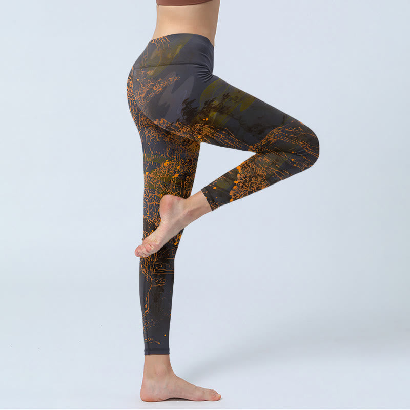 Leggings de yoga para mujer con estampado de nubes y montañas doradas y Buddha Stones - image 4