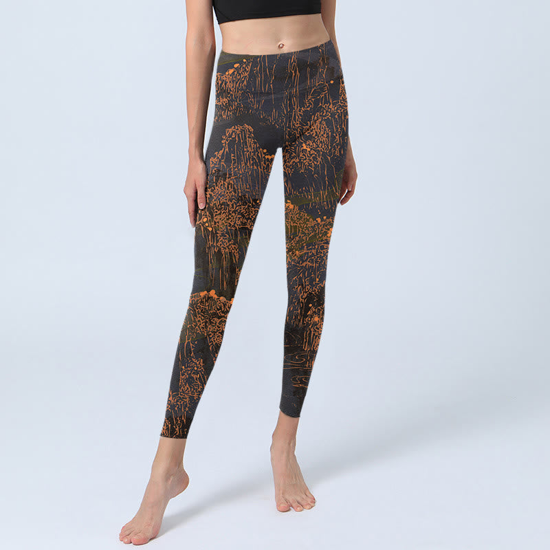 Leggings de yoga para mujer con estampado de nubes y montañas doradas y Buddha Stones - image 5