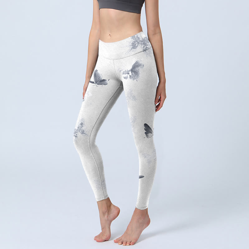 Leggings deportivos con estampado de mariposas blancas y grises con Buddha Stones para mujer - Nieve - US18，UK/AU22，EU50 (4XL) - image 1