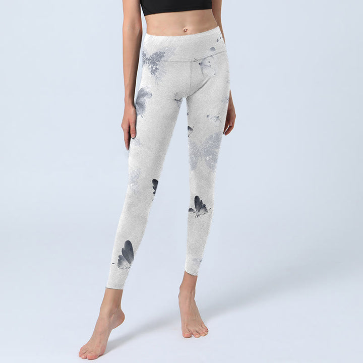 Leggings deportivos con estampado de mariposas blancas y grises con Buddha Stones para mujer - image 5