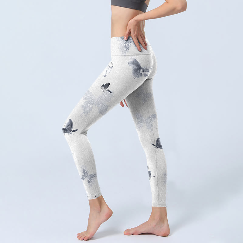 Leggings deportivos con estampado de mariposas blancas y grises con Buddha Stones para mujer - image 2