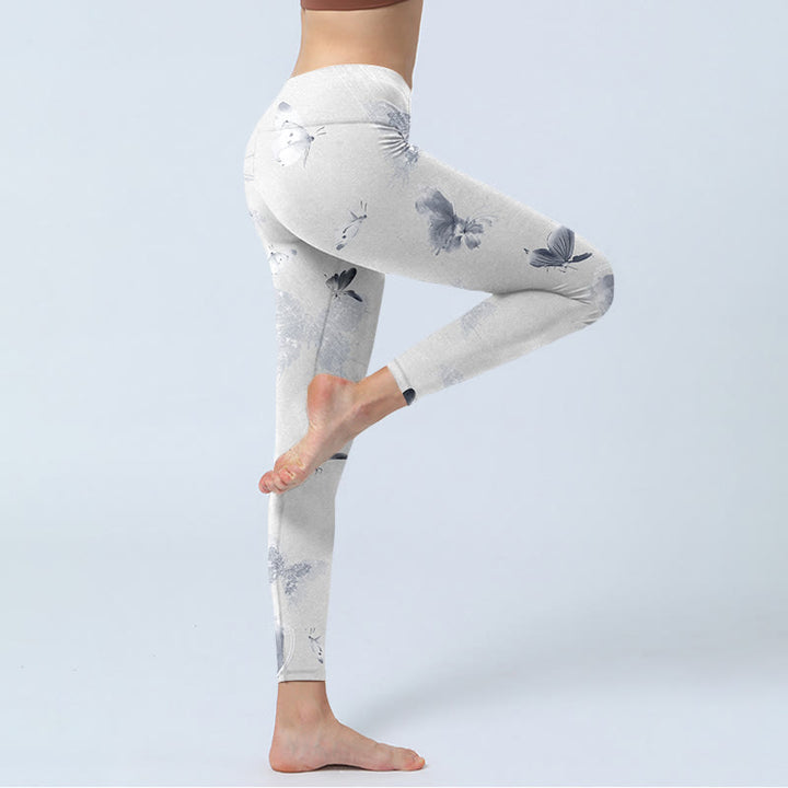 Leggings deportivos con estampado de mariposas blancas y grises con Buddha Stones para mujer - image 3