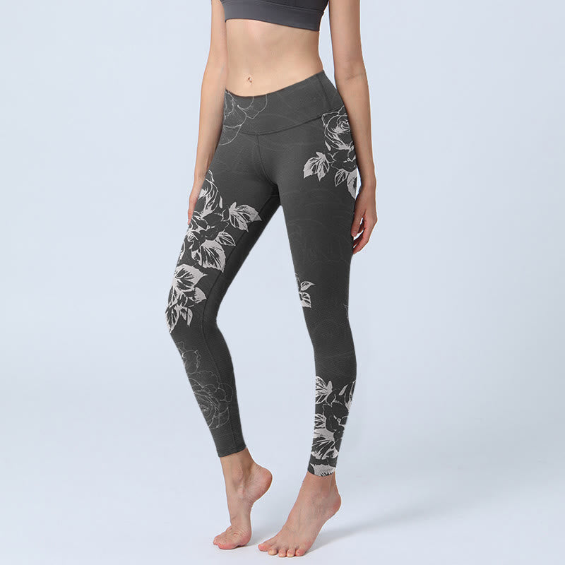 Leggings de fitness para gimnasio con estampado de flores de peonía y rosas grises y Buddha Stones , pantalones de yoga para mujer - Gris - US18，UK/AU22，EU50 (4XL) - image 1