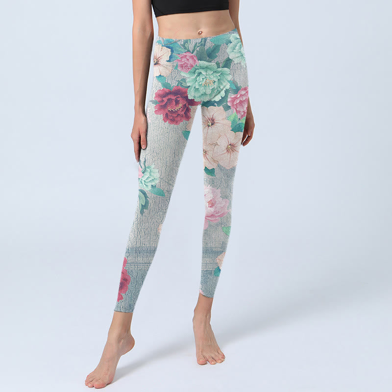 Leggings de fitness para gimnasio con estampado de flores de peonía coloridas y Buddha Stones para mujer - image 5