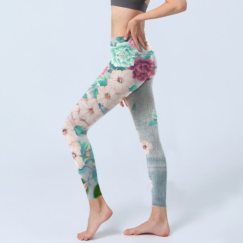 Leggings de fitness para gimnasio con estampado de flores de peonía coloridas y Buddha Stones para mujer - image 3