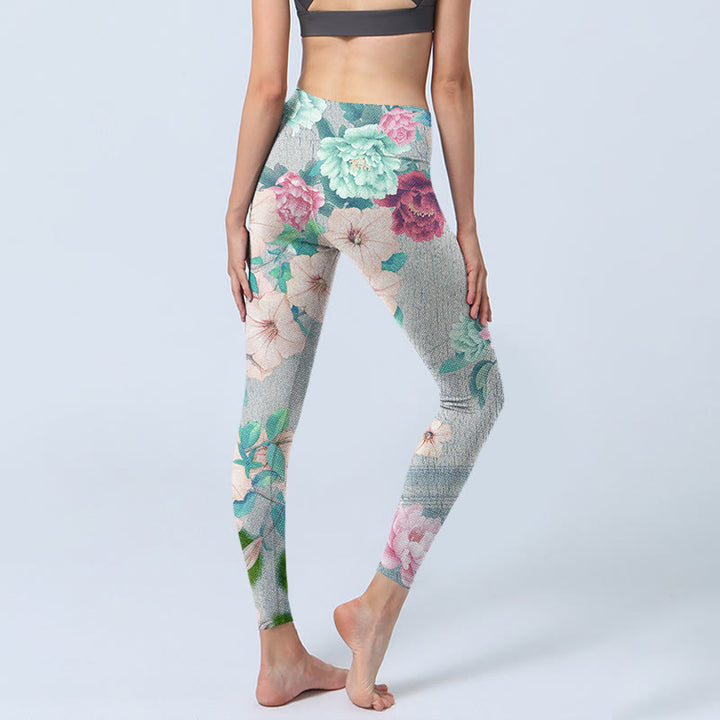 Leggings de fitness para gimnasio con estampado de flores de peonía coloridas y Buddha Stones para mujer - image 4