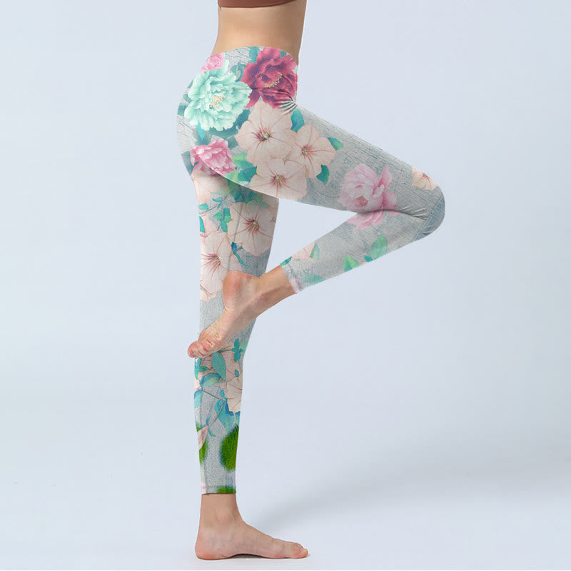 Leggings de fitness para gimnasio con estampado de flores de peonía coloridas y Buddha Stones para mujer - image 4