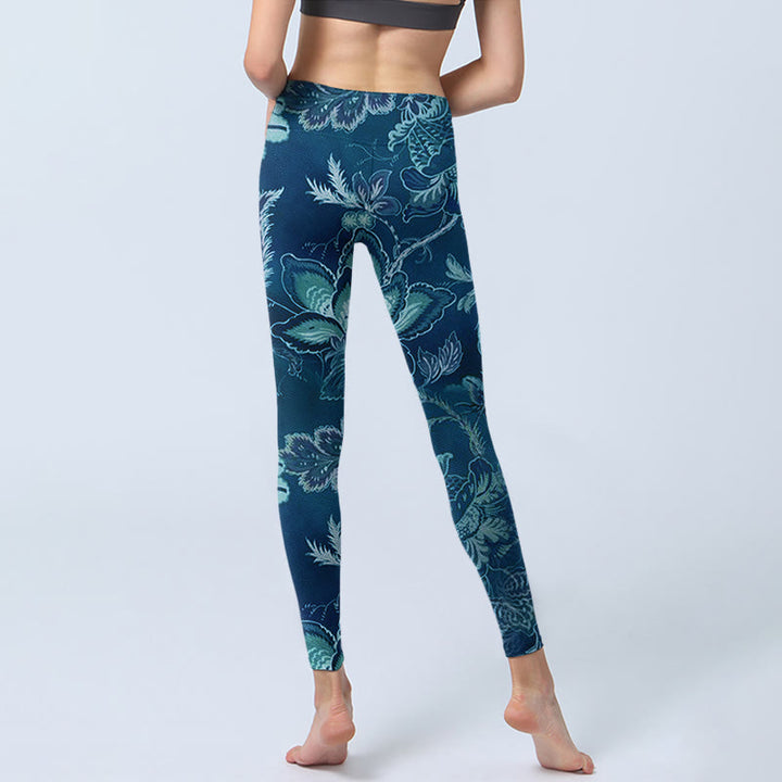 Leggings deportivos de fitness con estampado de flores azules y Buddha Stones para mujer - image 6