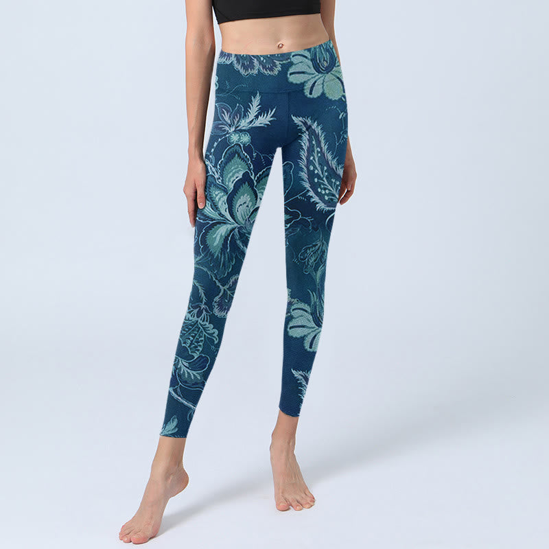 Leggings deportivos de fitness con estampado de flores azules y Buddha Stones para mujer - image 6