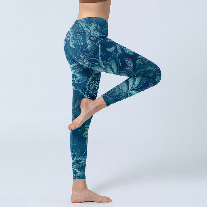 Leggings deportivos de fitness con estampado de flores azules y Buddha Stones para mujer - image 3