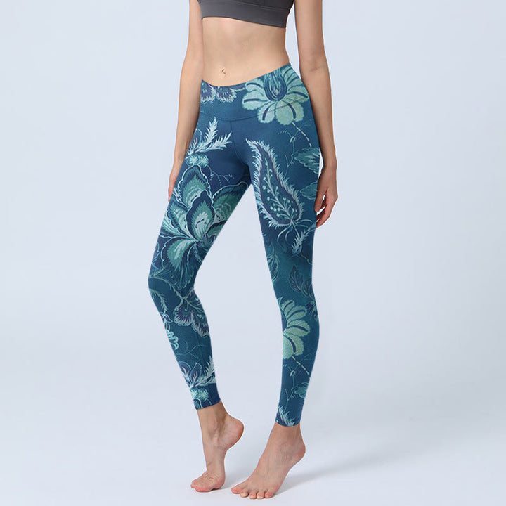 Leggings deportivos de fitness con estampado de flores azules y Buddha Stones para mujer - Azul acero - US18，UK/AU22，EU50 (4XL) - image 0