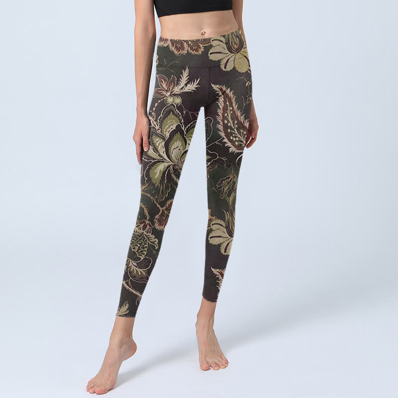 Leggings deportivos de fitness con estampado floral de oliva y Buddha Stones para mujer - image 5