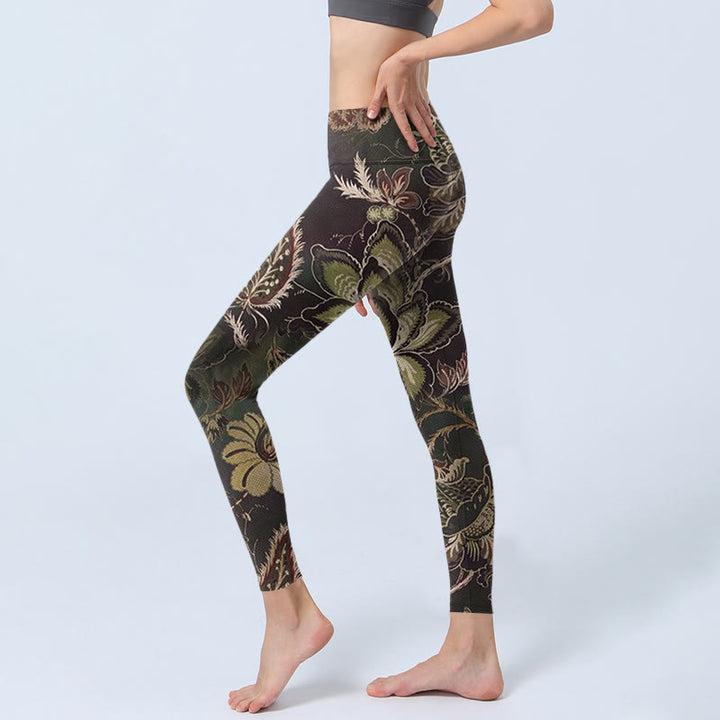 Leggings deportivos de fitness con estampado floral de oliva y Buddha Stones para mujer - image 3