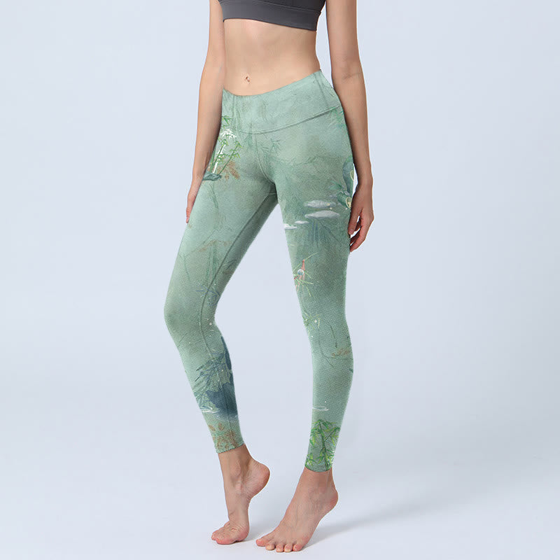 Leggings deportivos de fitness con estampado de piedras de bambú verde y Buddha Stones para mujer - Gotas de miel - US18，UK/AU22，EU50 (4XL) - image 0