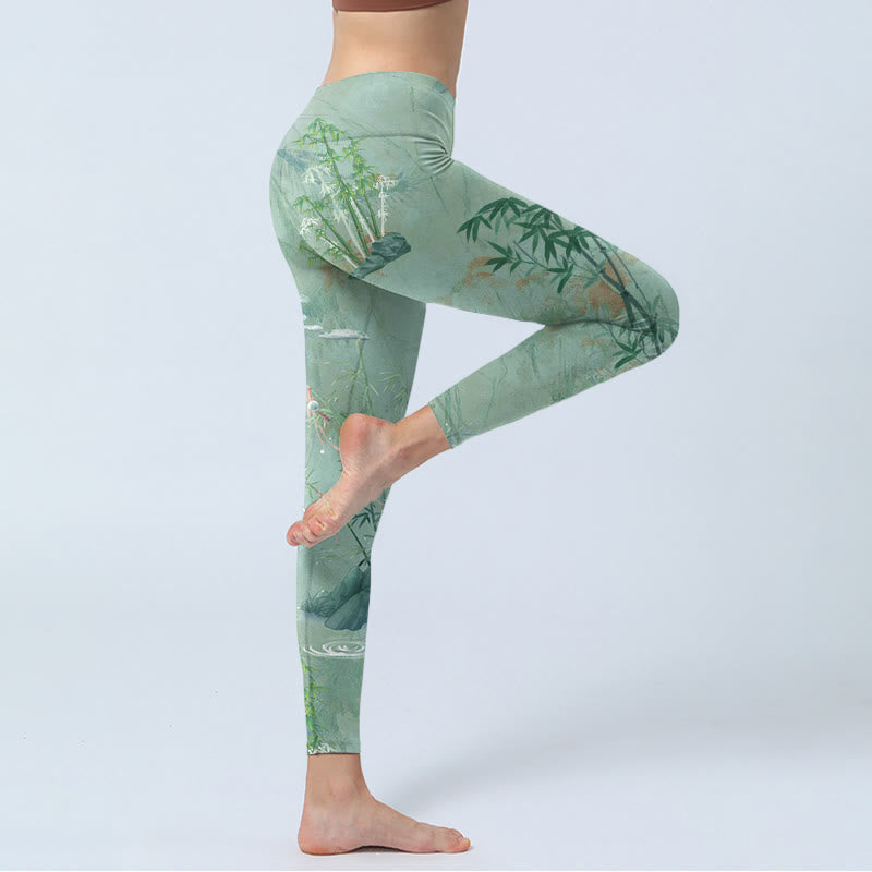 Leggings deportivos de fitness con estampado de piedras de bambú verde y Buddha Stones para mujer - image 3