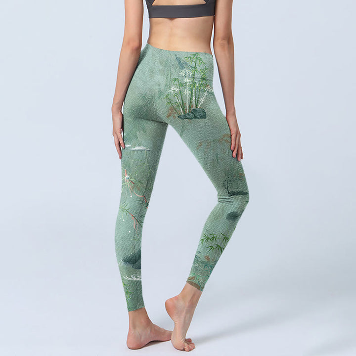 Leggings deportivos de fitness con estampado de piedras de bambú verde y Buddha Stones para mujer - image 5