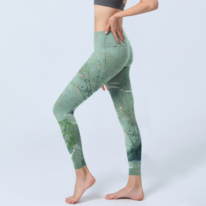 Leggings deportivos de fitness con estampado de piedras de bambú verde y Buddha Stones para mujer - image 2
