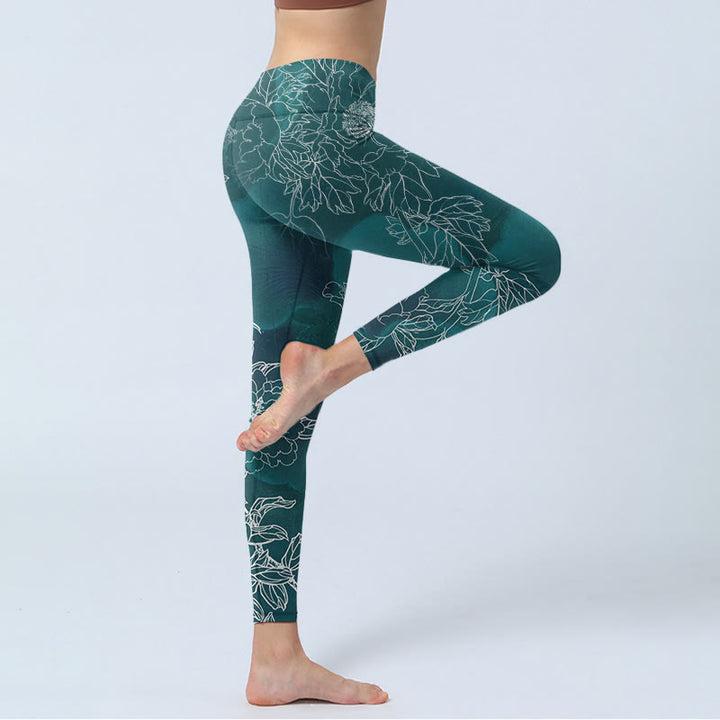 Leggings de fitness para gimnasio con estampado de flores, peonías, urracas y mariposas y Buddha Stones para mujer - image 3