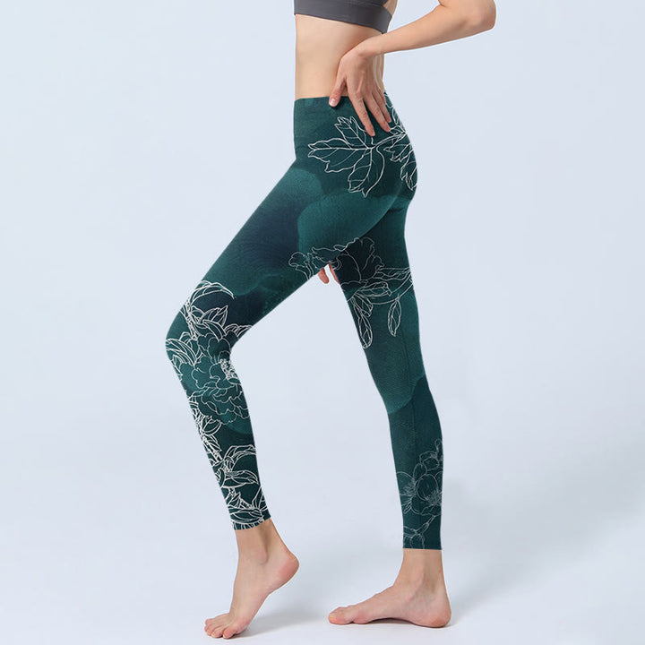 Leggings de fitness para gimnasio con estampado de flores, peonías, urracas y mariposas y Buddha Stones para mujer - image 2