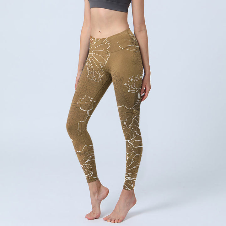 Leggings de fitness para gimnasio con estampado de hojas, flores de loto, vara de oro y piedras de Buddha Stones para mujer - Vara de oro - US18，UK/AU22，EU50 (4XL) - image 1