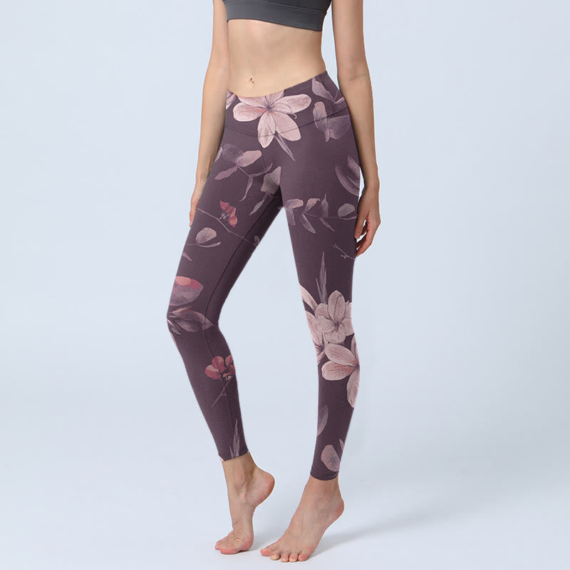 Leggings de fitness para gimnasio con estampado de flores blancas, hojas y Buddha Stones, color morado, para mujer - Cardo - US18，UK/AU22，EU50 (4XL) - image 0