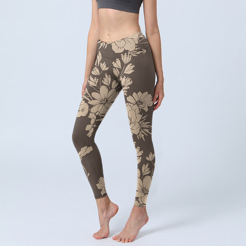 Leggings deportivos de fitness con estampado de flores y Buddha Stones para mujer - Caqui oscuro - US18，UK/AU22，EU50 (4XL) - image 9