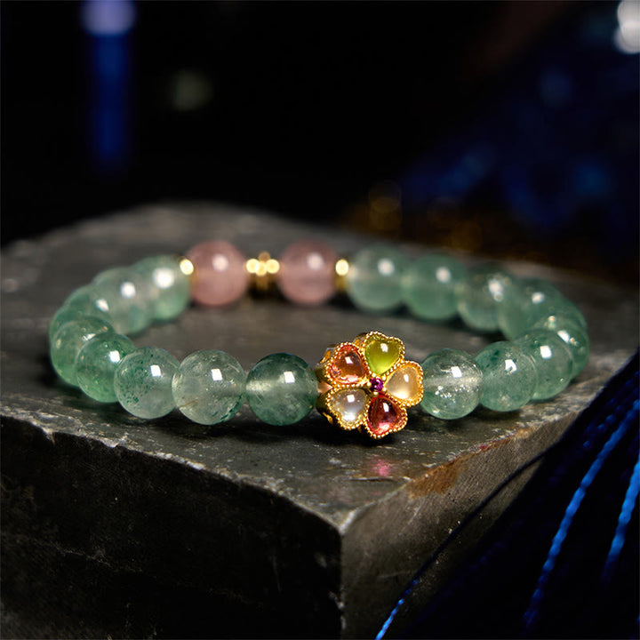 Pulsera con carácter Fu relajante de cuarzo fresa verde natural y Buddha Stones