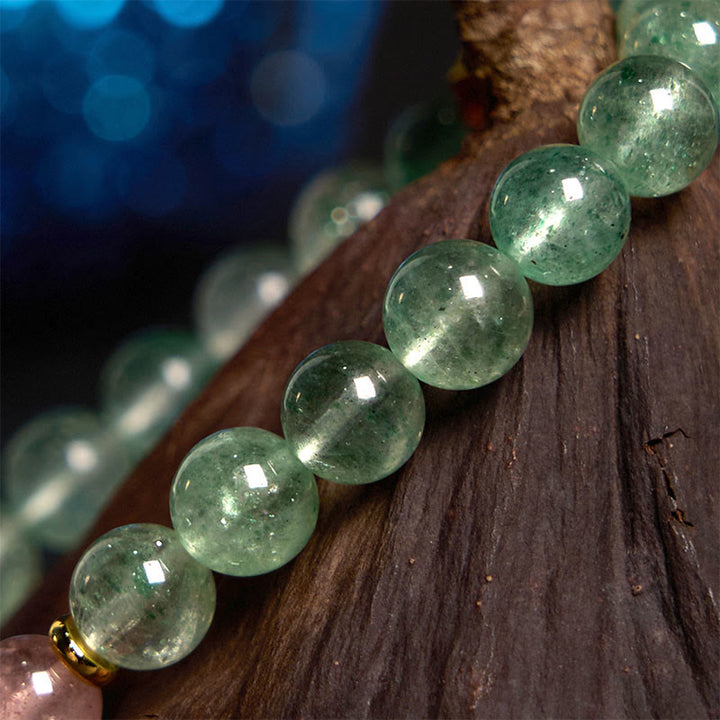 Pulsera con carácter Fu relajante de cuarzo fresa verde natural y Buddha Stones