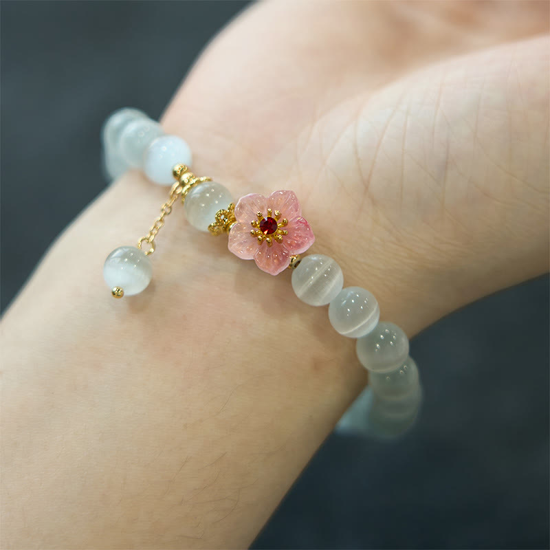 Pulsera de soporte con Buddha Stones, crisoberilo, ojo de gato y flores rosas