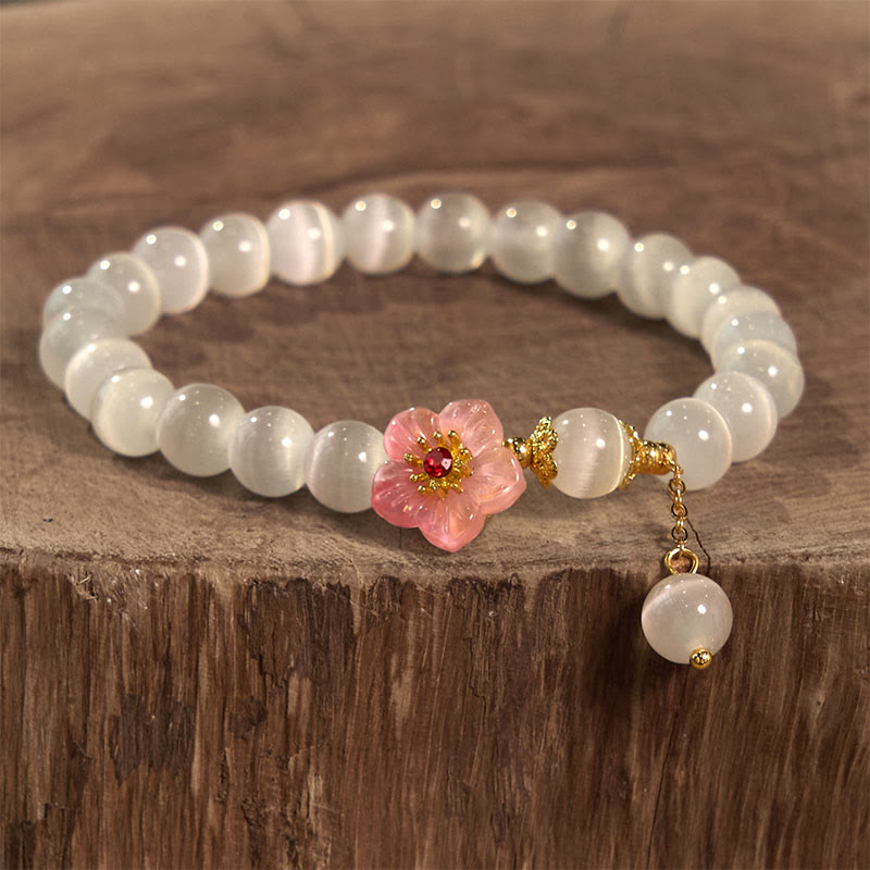 Pulsera de soporte con Buddha Stones, crisoberilo, ojo de gato y flores rosas