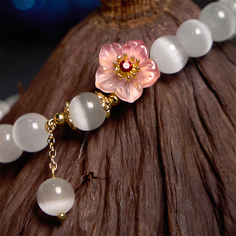Pulsera de soporte con Buddha Stones, crisoberilo, ojo de gato y flores rosas