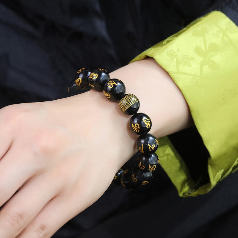 Pulsera creativa con seis palabras verdaderas de Buddha Stones , Om Mani Padme Hum, obsidiana arcoíris y lámina de oro