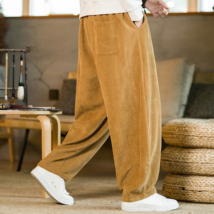 Pantalones harén de pana con cordón y bolsillos para otoño e invierno de Buddha Stones para hombre - image 3