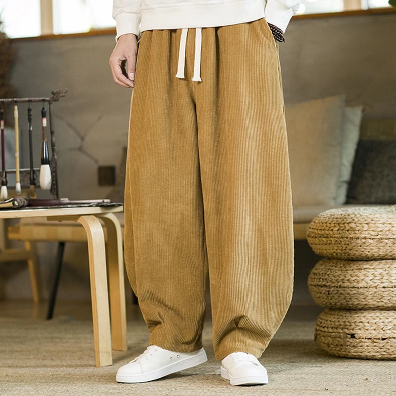 Pantalones harén de pana con cordón y bolsillos para otoño e invierno de Buddha Stones para hombre - image 6