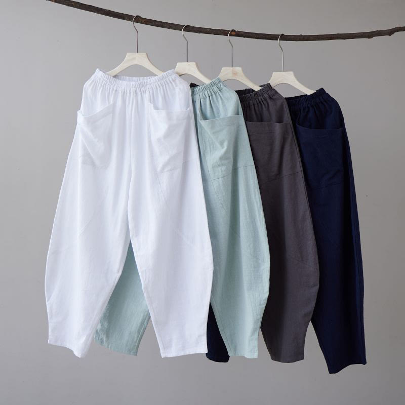 Pantalones harén de lino y algodón con ramio de color liso con cintura elástica y bolsillos para hombre de Buddha Stones - image 1