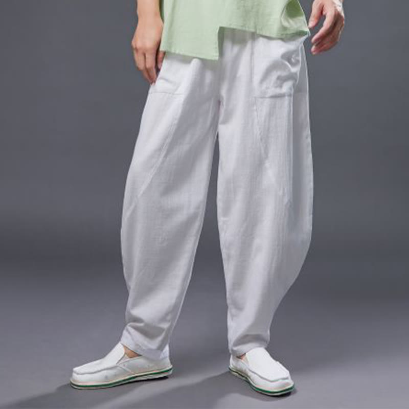 Pantalones harén de lino y algodón con ramio de color liso con cintura elástica y bolsillos para hombre de Buddha Stones