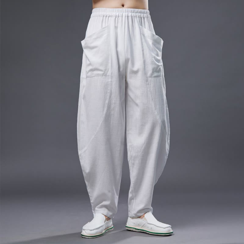 Pantalones harén de lino y algodón con ramio de color liso con cintura elástica y bolsillos para hombre de Buddha Stones - image 8