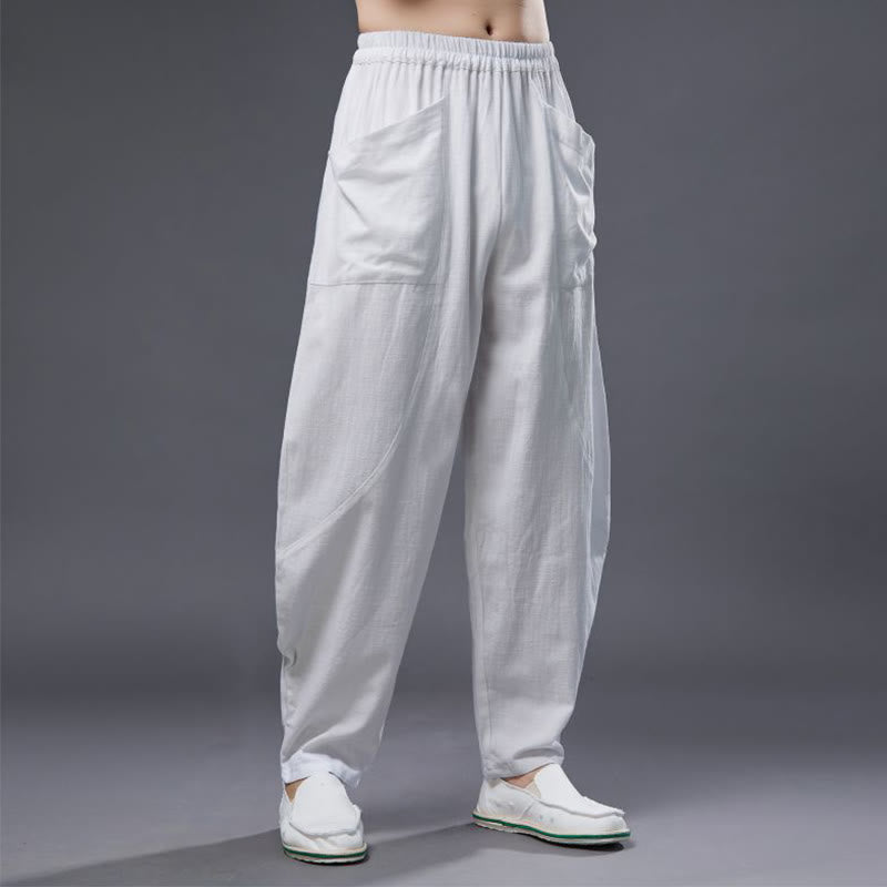 Pantalones harén de lino y algodón con ramio de color liso con cintura elástica y bolsillos para hombre de Buddha Stones